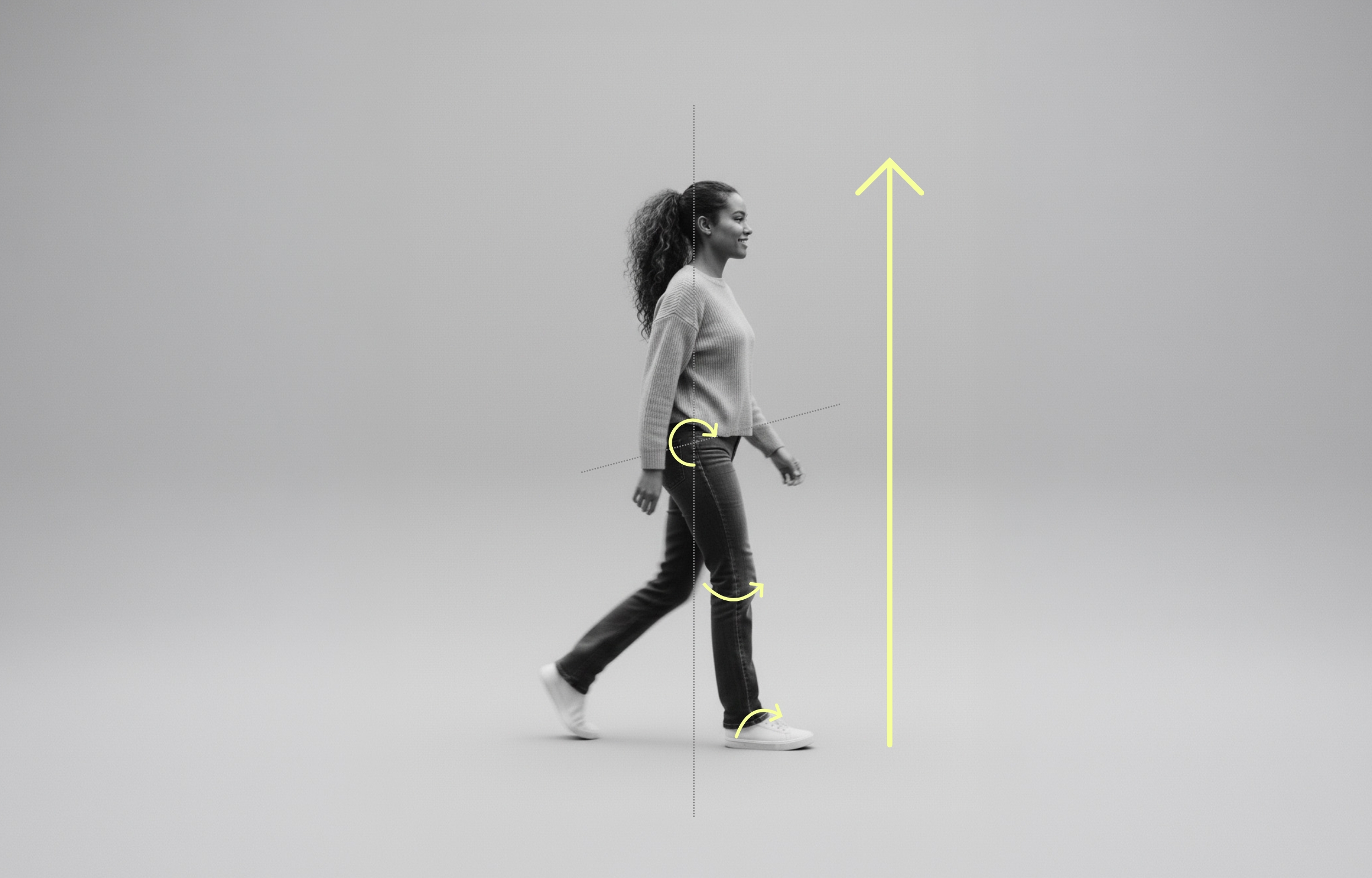 Walking posture with alignment annotations — the whole kinetic chain, from foot to spine